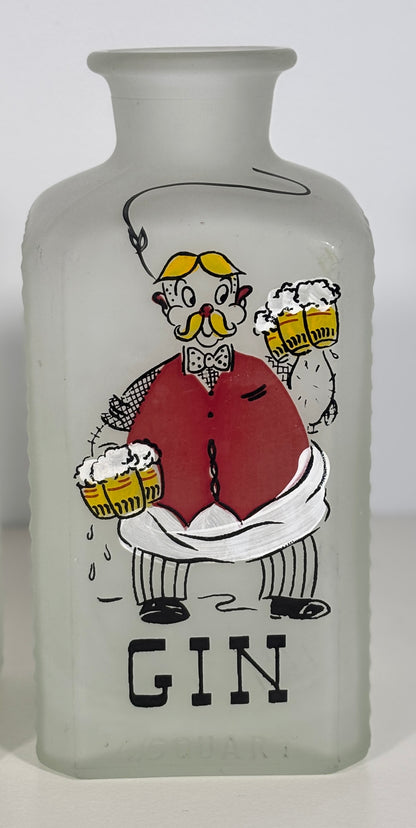 Frosted glass bottle with cartoon character and 'GIN' text on a white background