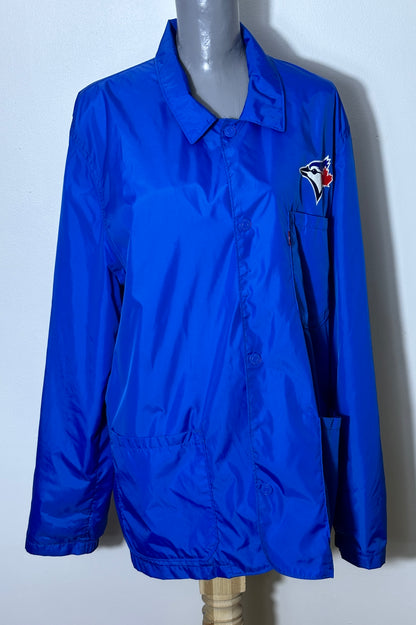 Blue jacket with a logo on a mannequin against a white background