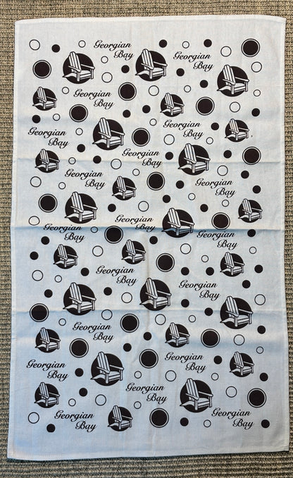 Tea towel with Georgian Bay pattern and text on a white background