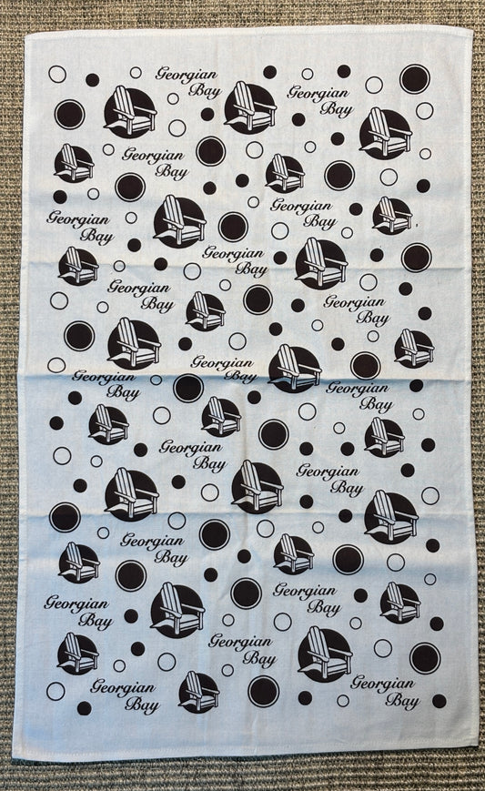 Tea towel with Georgian Bay pattern and text on a white background