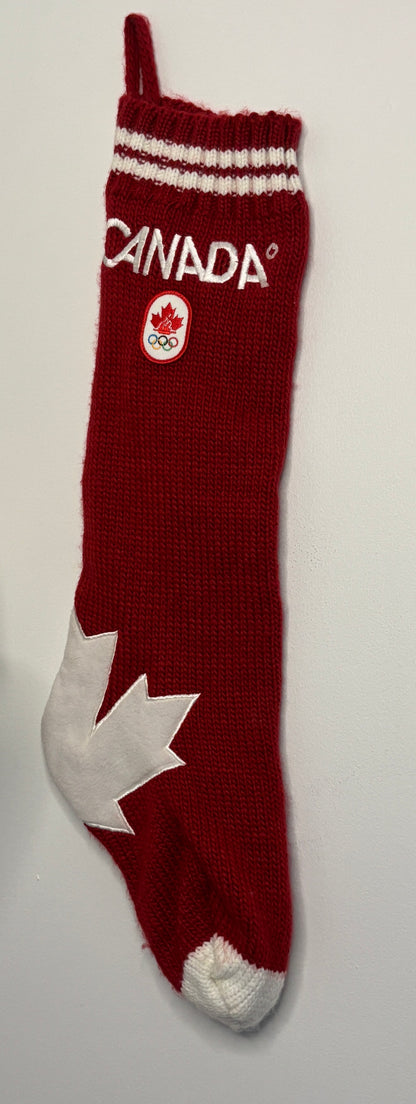 Red sock with white maple leaf and 'Canada' text on a light gray background