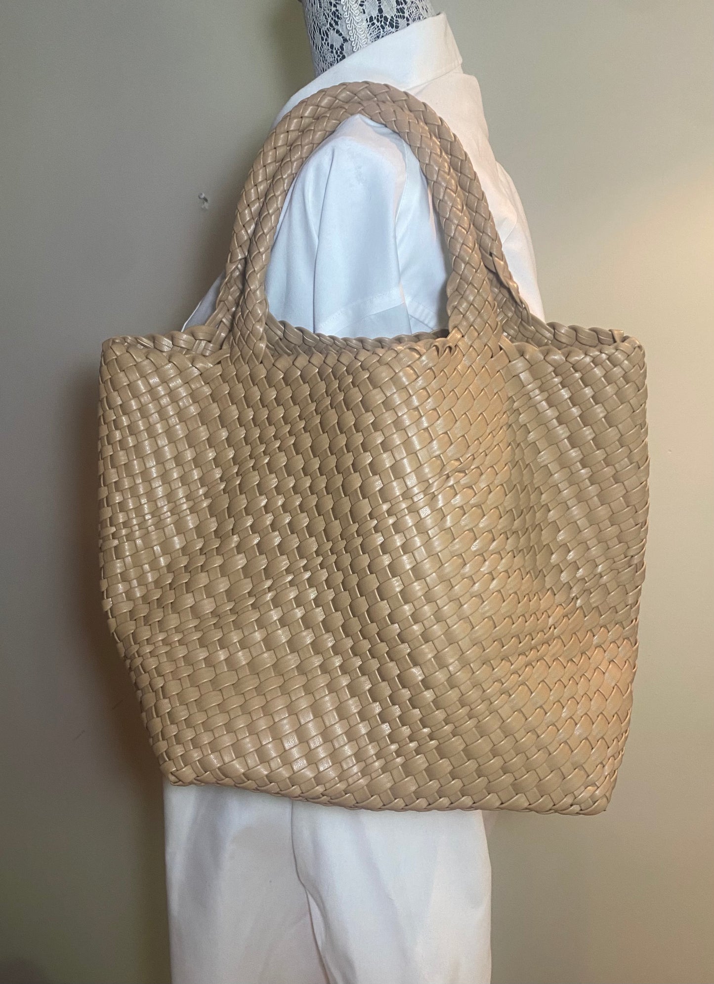 Vegan PU Leather Beige Woven Bucket Style Tote Purse