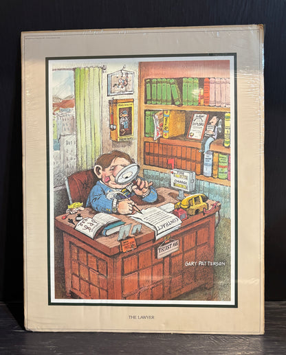 Illustration of a boy in a law office with a magnifying glass, framed artwork.
