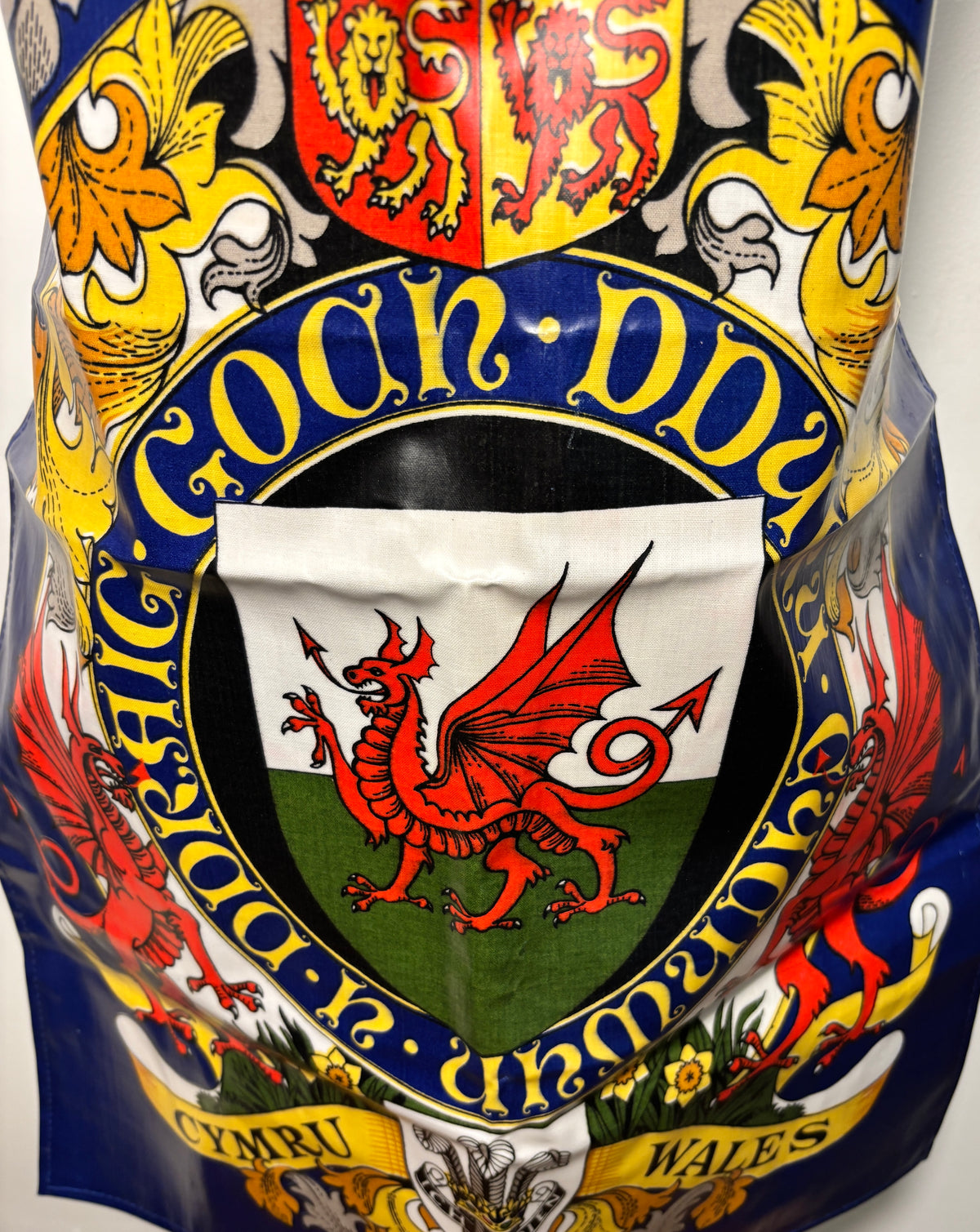 A close-up of a decorative crest featuring the Welsh flag with a red dragon on a white and green background, surrounded by a blue ring with yellow text reading 'Cock, Doo, Gwig, Ffwr'. The crest is part of a larger multicolored design with lions, birds, and heraldic elements.
