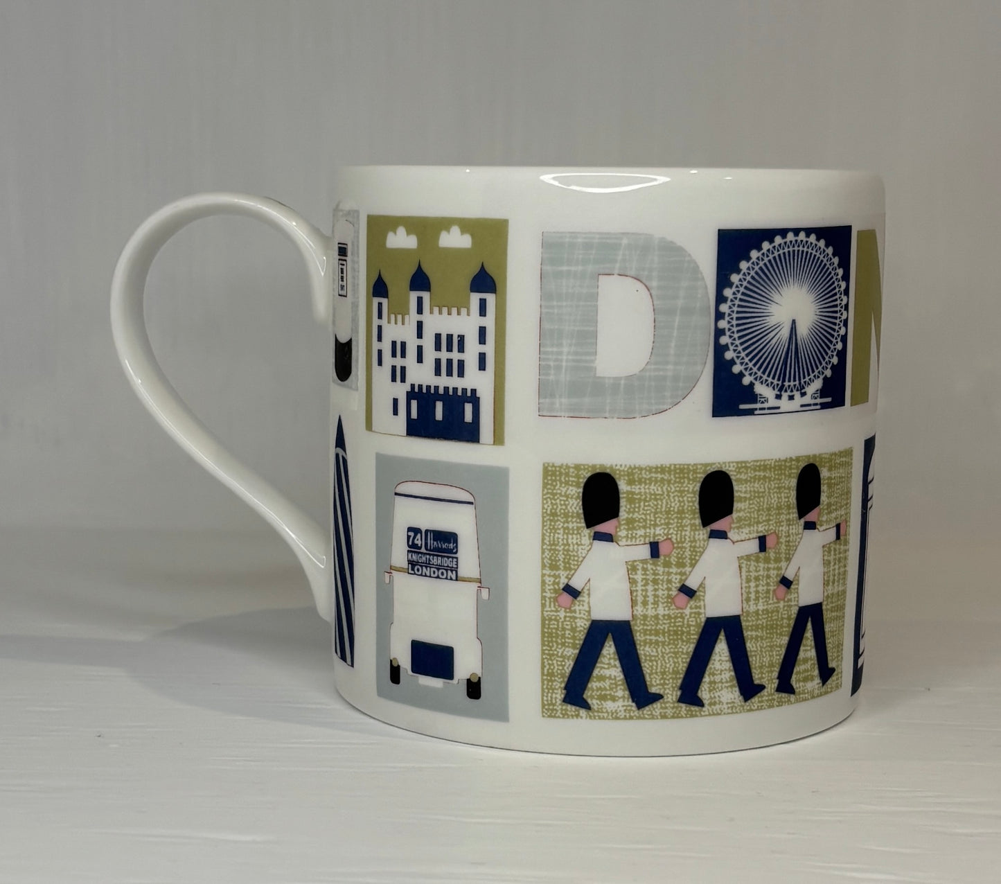 Mug with London-themed design featuring iconic landmarks on a white background