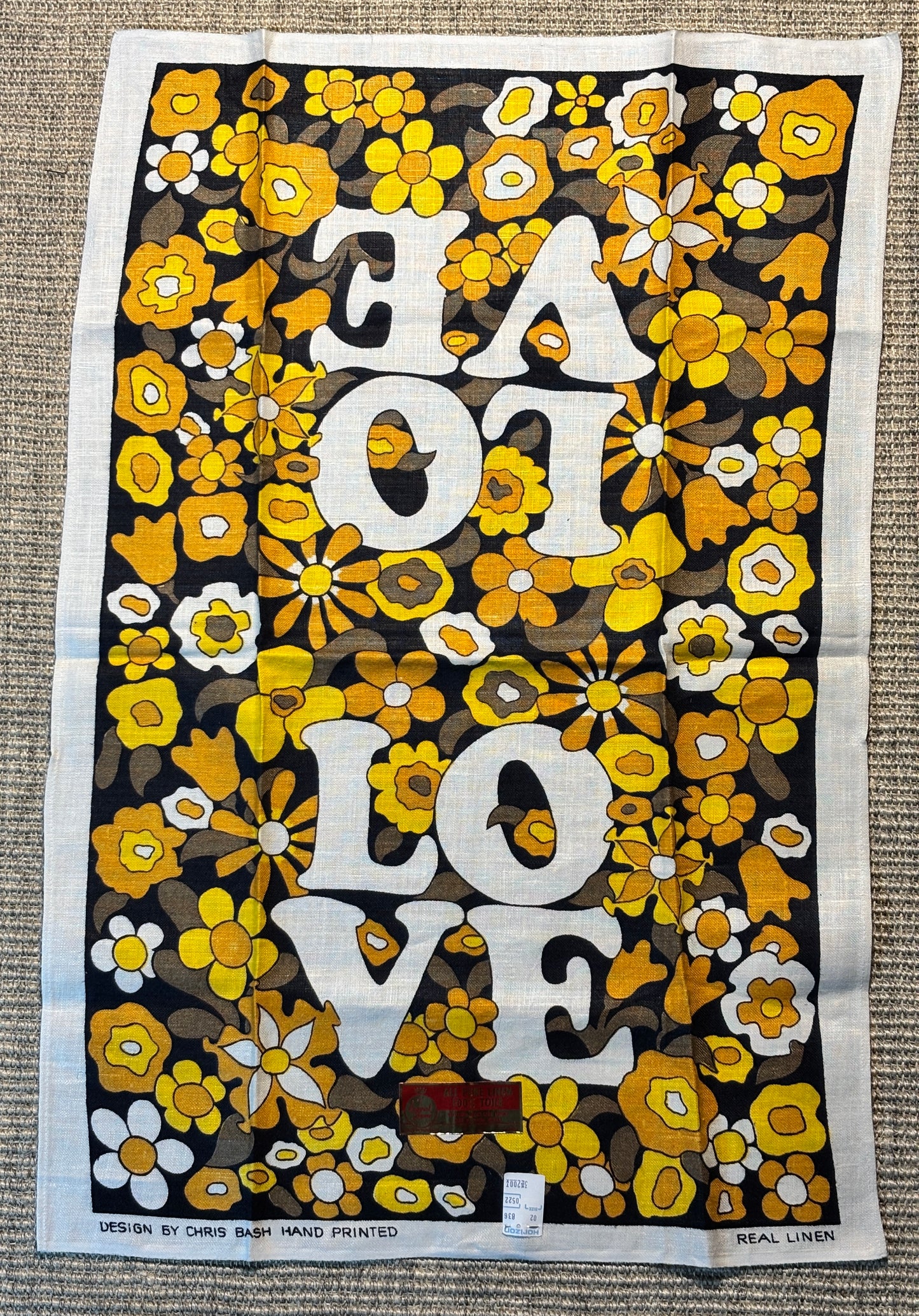 1970s Chris Bash Flower Power Hand Printed Linen Tea Towel