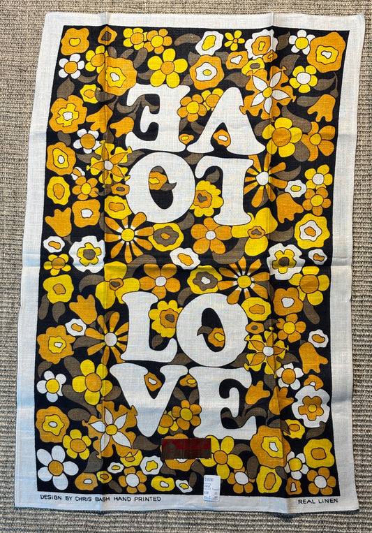 1970s Chris Bash Flower Power Hand Printed Linen Tea Towel