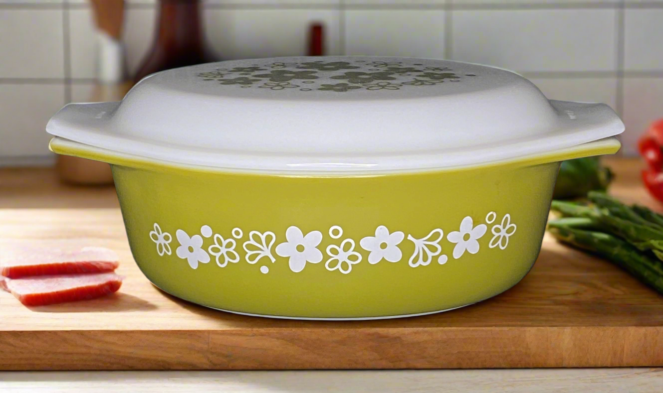 green Pyrex Casserole Dish with white flowers desin