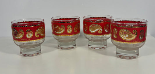 Culver Red Paisley Footed Lowball Rock Glass Set