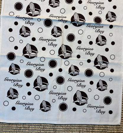 Patterned fabric with Adirondack chair design and 'Georgian Bay' text.