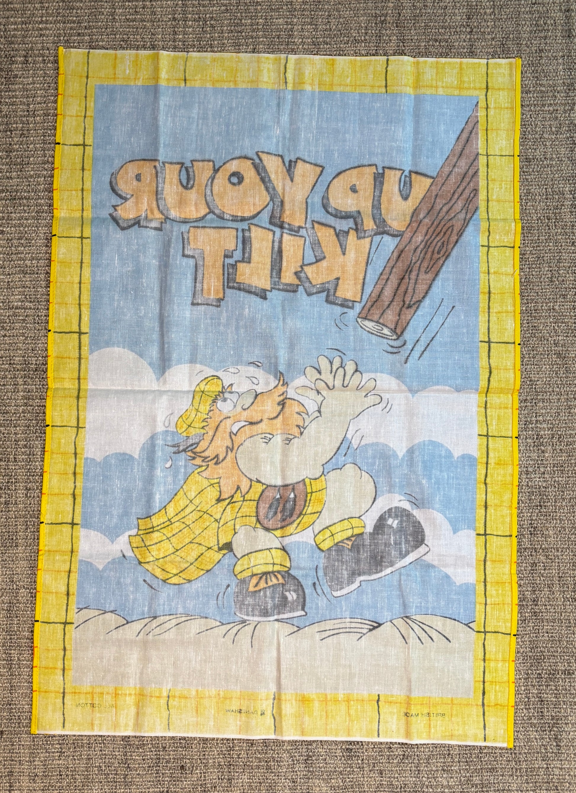 Cartoon character with text on a textured background