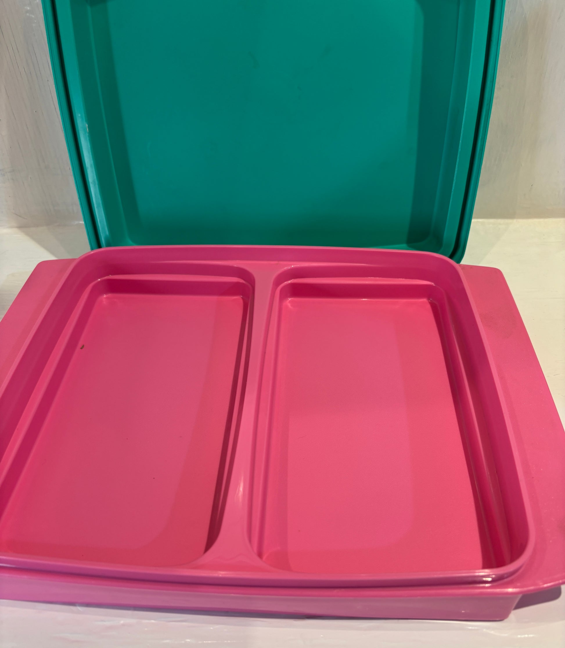 Pink plastic tray with compartments on a white surface