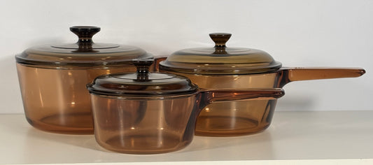 Vintage Corning Ware Pyrex Visions Amber Covered Pot Set
