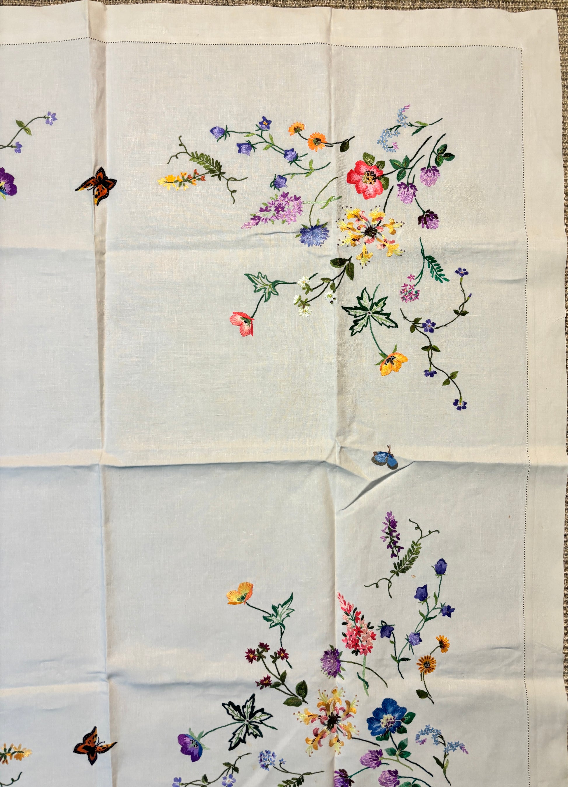 Wildflower and Butterfly Vintage Embroidered Tablecloth