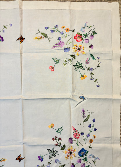 Wildflower and Butterfly Vintage Embroidered Tablecloth
