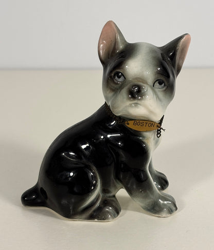 Ceramic bulldog figurine with a 'Boston' collar on a white background