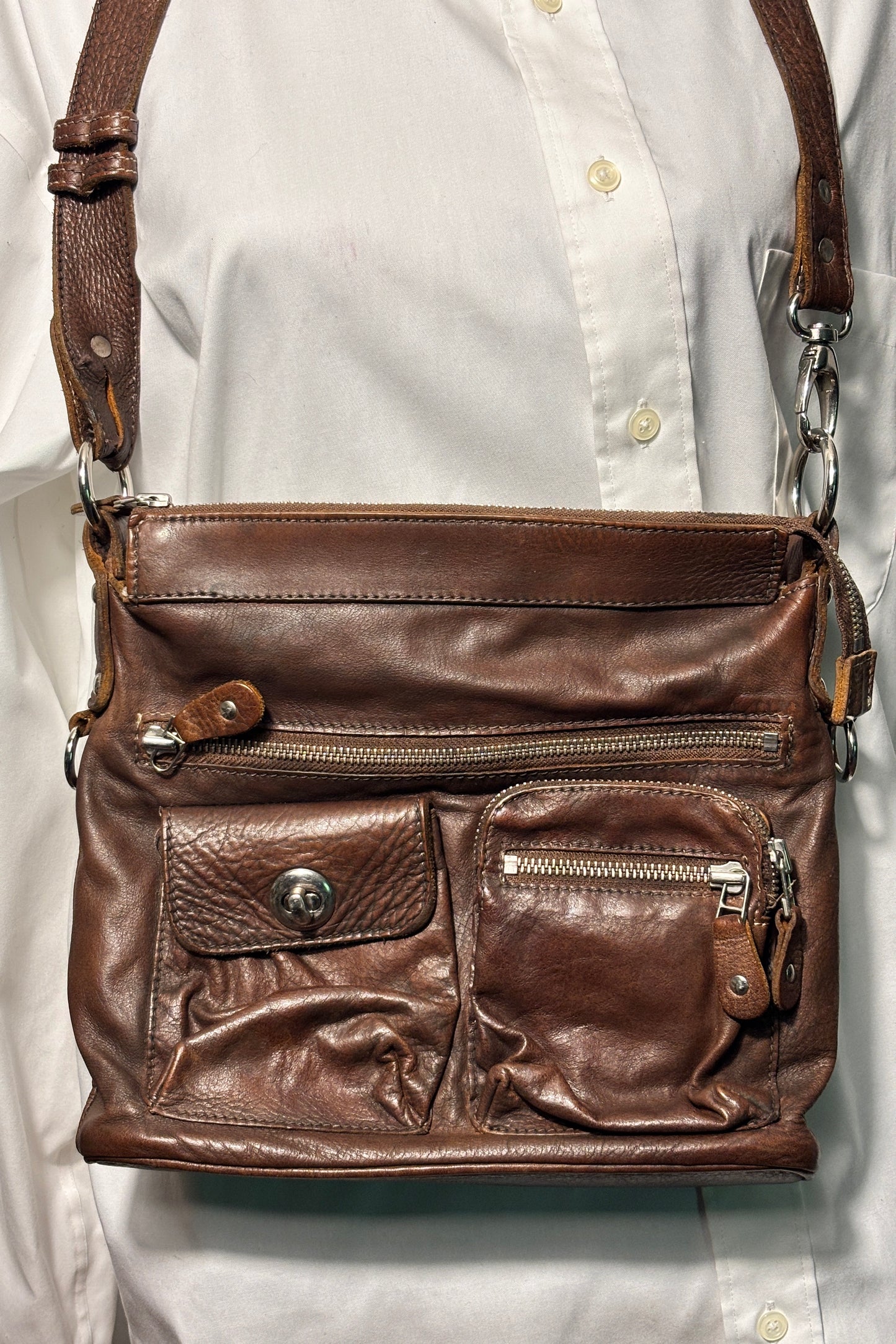 Roots Village Tribe Brown Leather Crossbody Purse