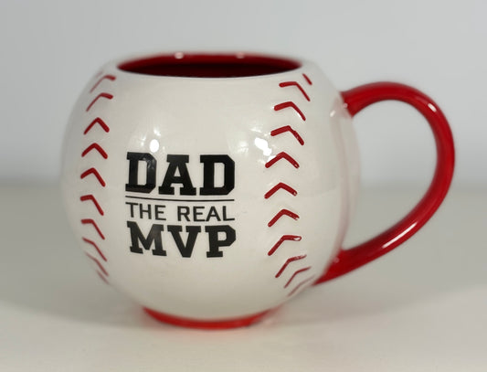 Baseball-shaped mug with 'DAD THE REAL MVP' text on a white background