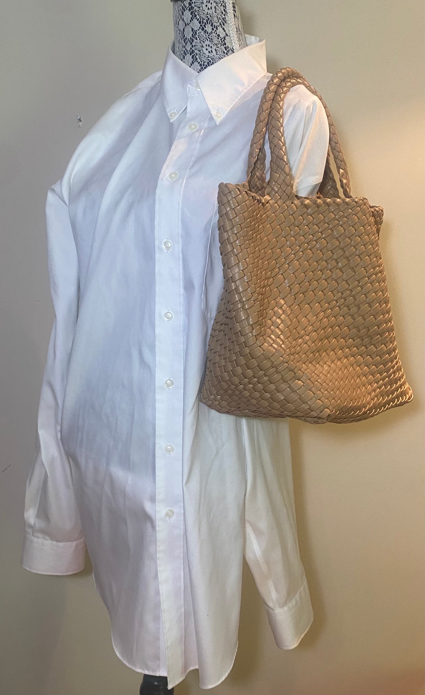 Beige Woven Bucket Style Tote Purse