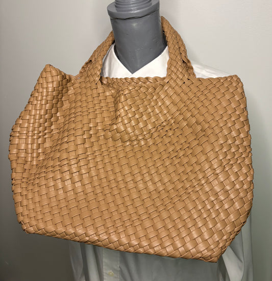 Vegan PU Leather Beige Woven Bucket Style Tote Purse