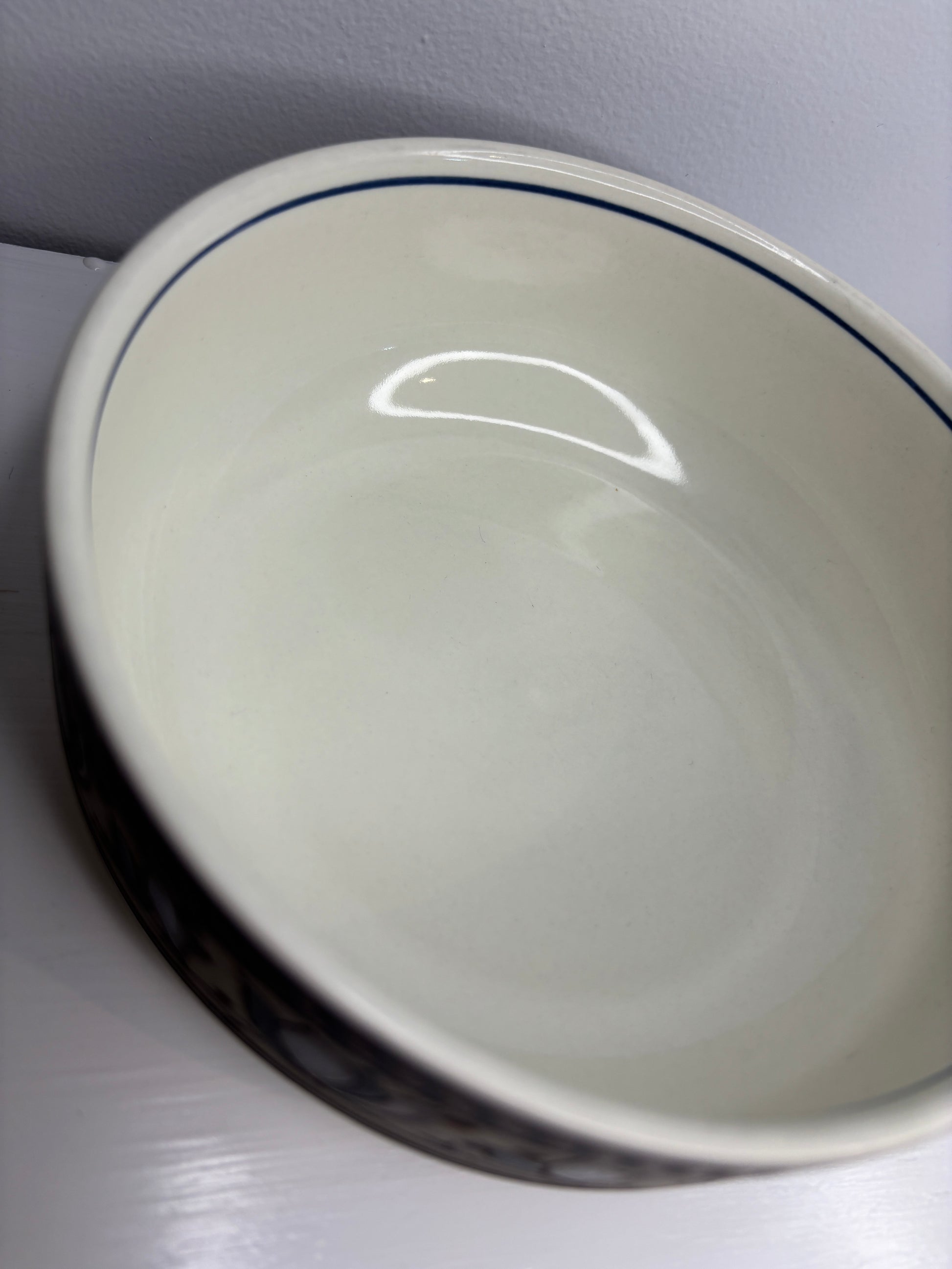 Close-up of a white ceramic bowl with blue rim on a light gray background