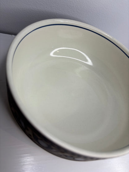 Close-up of a white ceramic bowl with blue rim on a light gray background