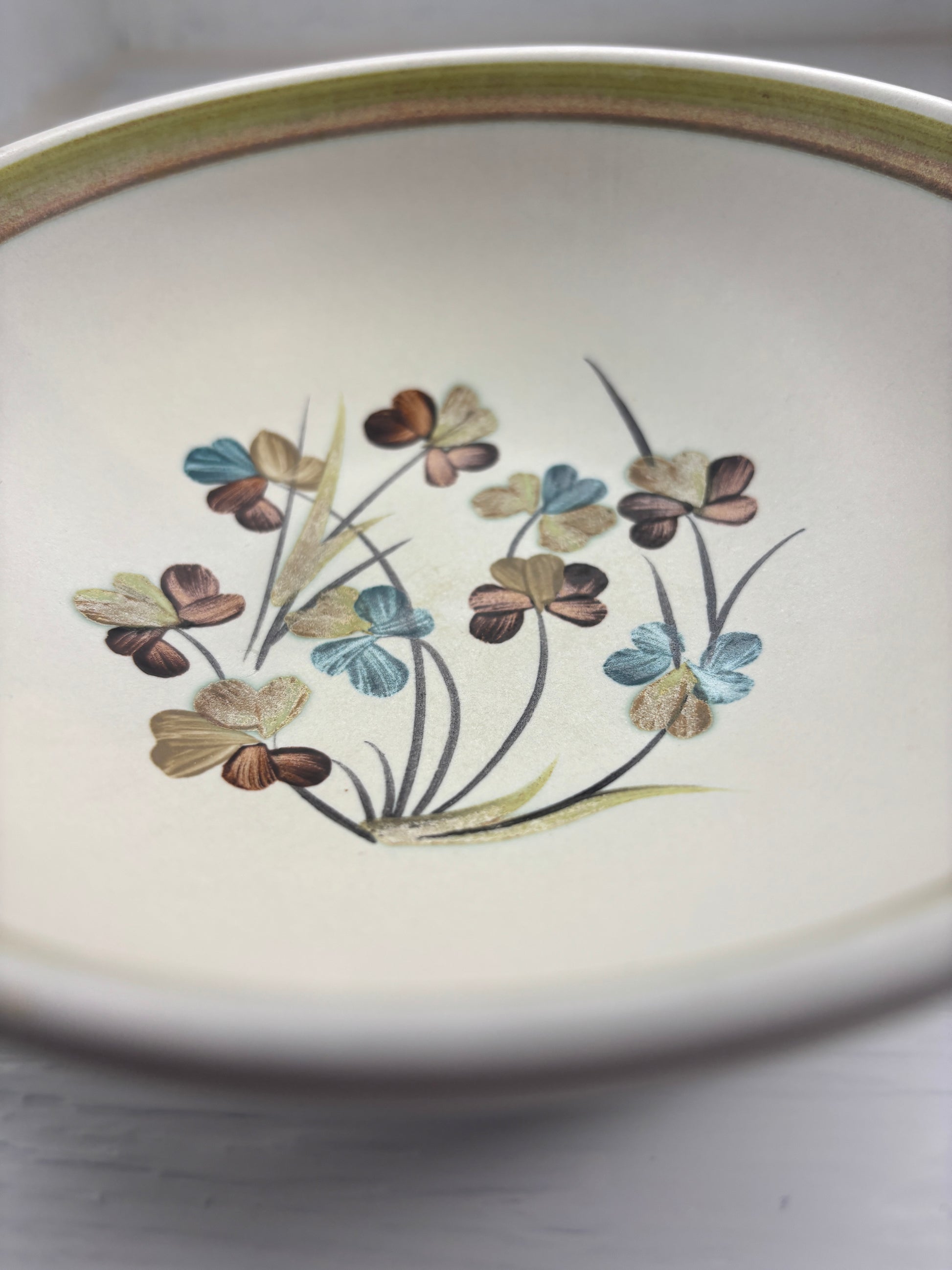 Ceramic plate with floral design on a plain background