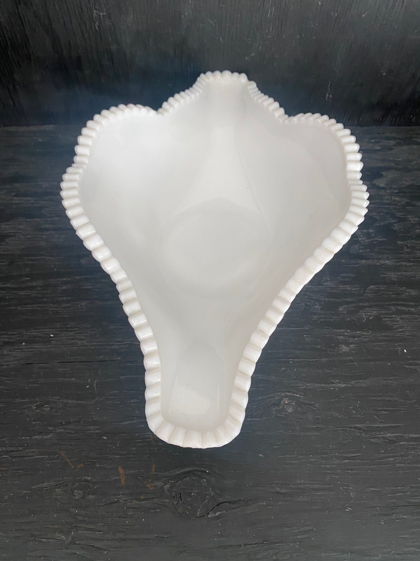 Kemple Milk Glass Flower V-Cane Oblong Sawtooth Edge Bowl