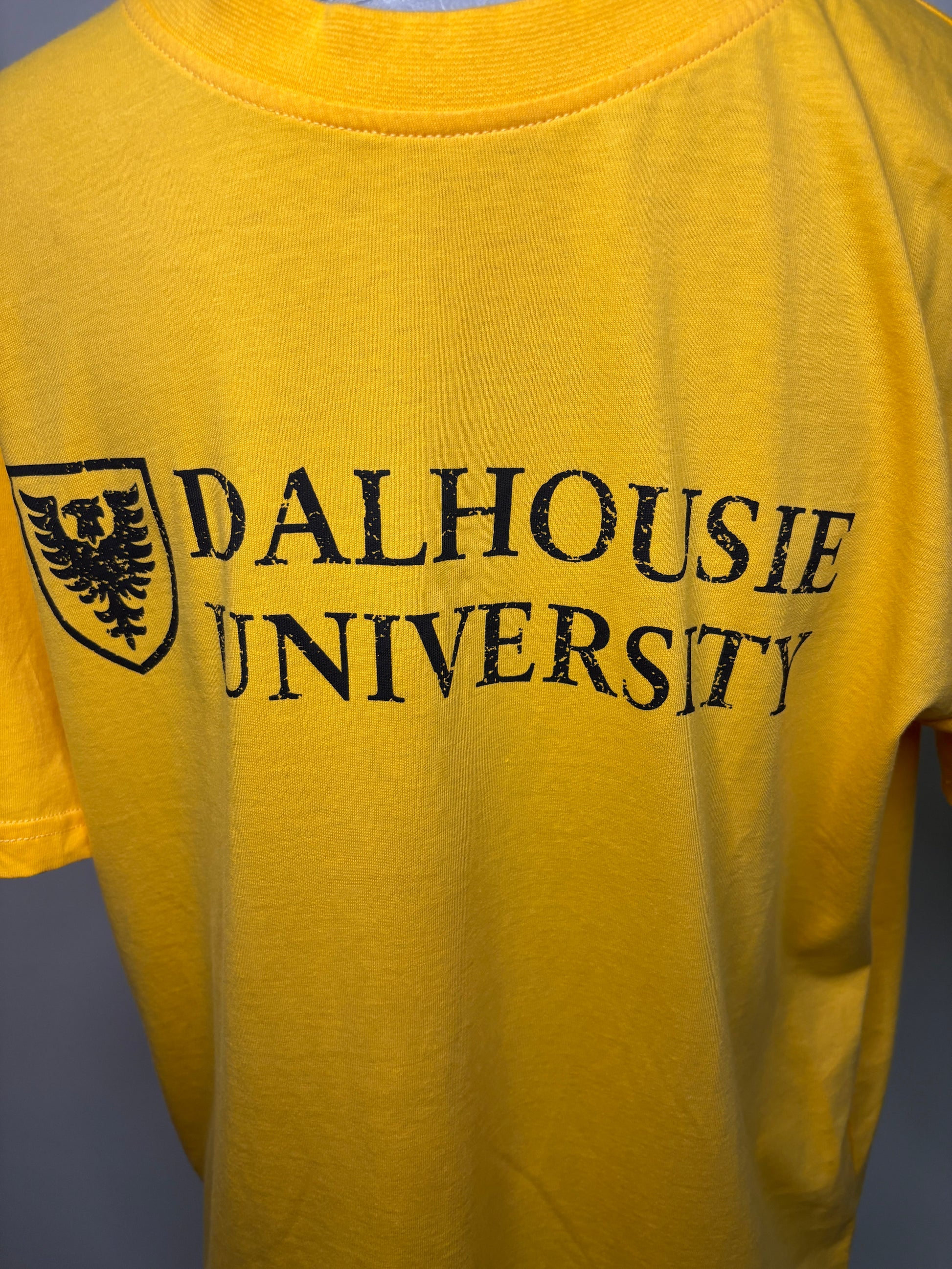 Yellow shirt with 'Dalhousie University' text and logo on a blue background