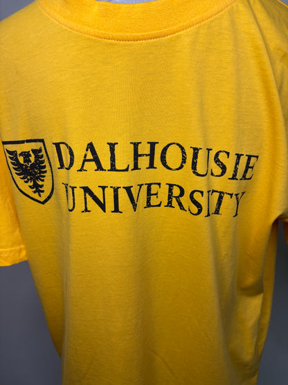 Yellow shirt with 'Dalhousie University' text and logo on a blue background
