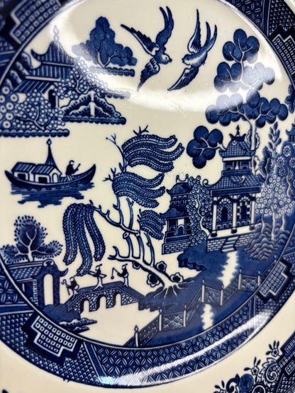 Close-up of a blue and white decorative plate with intricate patterns