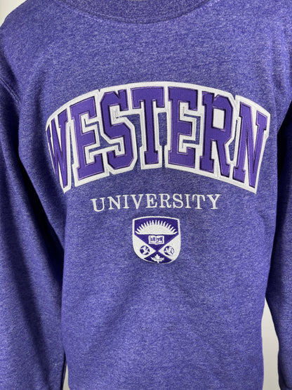 Purple sweatshirt with 'Western University' text and logo