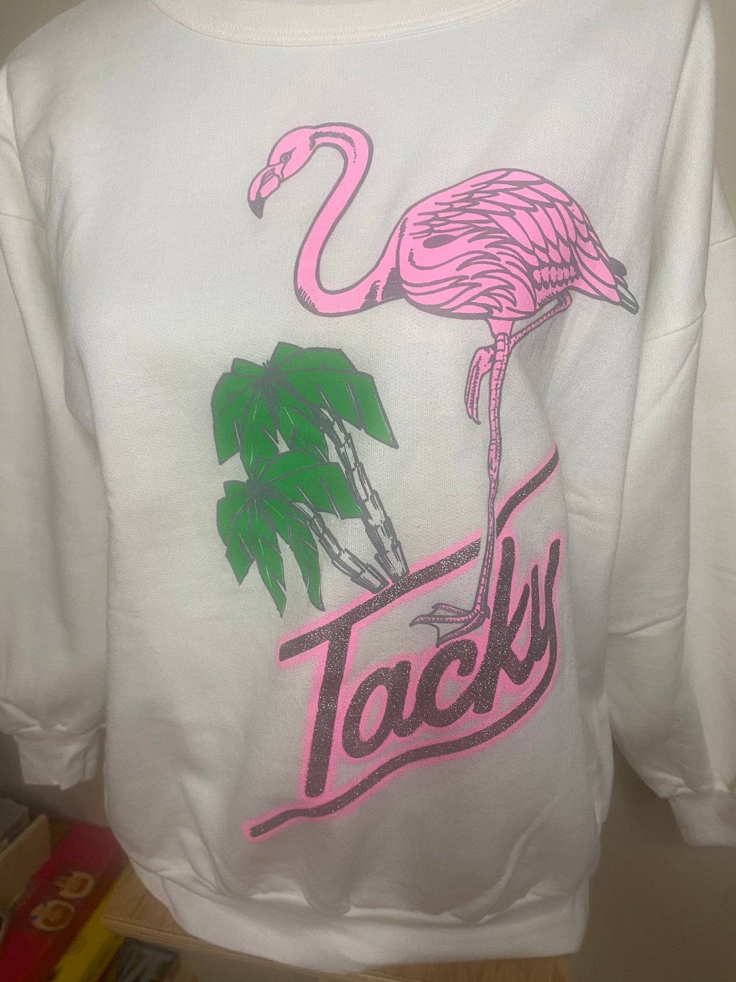 Vintage Tacky Pink Flamingo and Palm Tree Sweatshirt Adult M