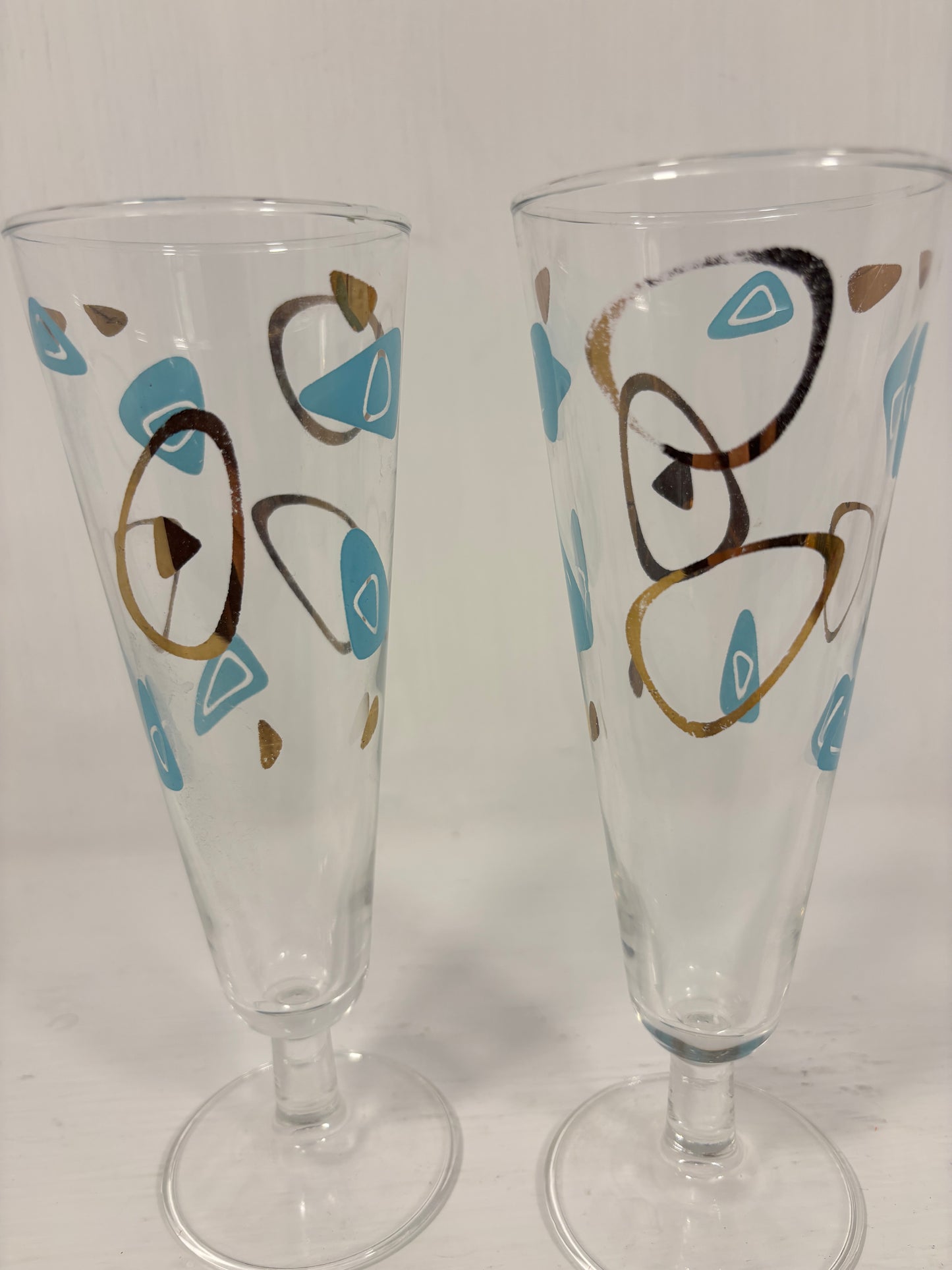 1950s Turquoise Gold Federal Atomic Amoeba Boomerang Stemware Glasses