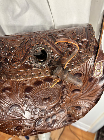 Vintage Brown Tooled Leather Floral Crossbody Bag