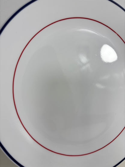 Close-up of a white plate with red and blue rim