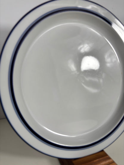 Close-up of a white ceramic bowl with blue rim on a white background