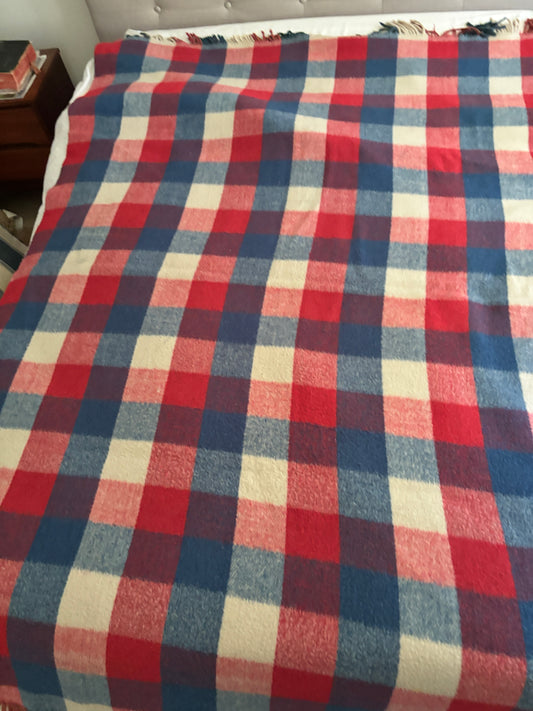 Plaid blanket with red, blue, and beige pattern on a bed.