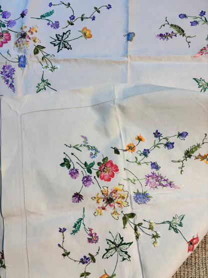 Wildflower and Butterfly Vintage Embroidered Tablecloth
