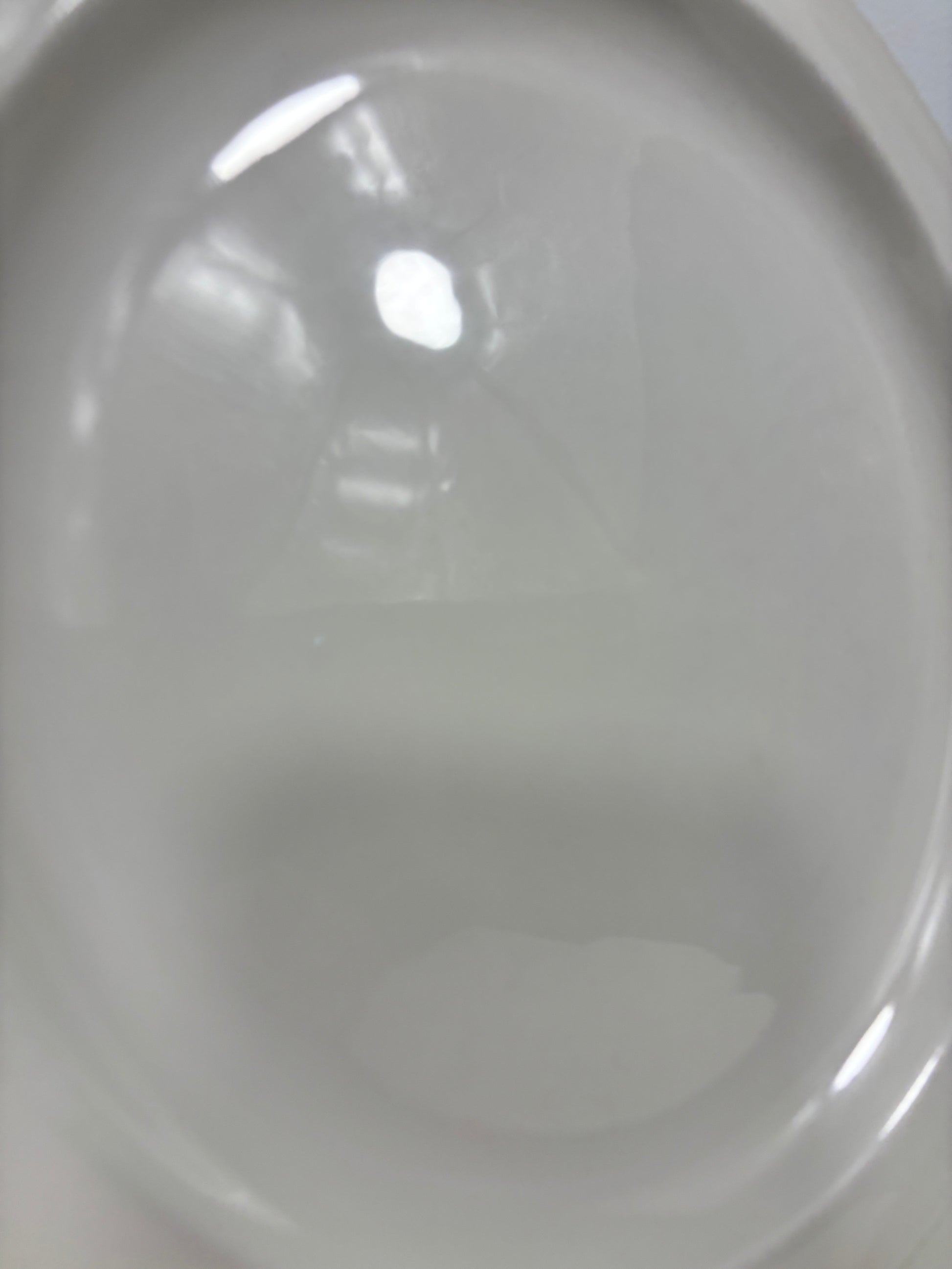A close-up of a glossy white ceramic plate or dish with a shallow division, showing soft reflections and a slight shadow.