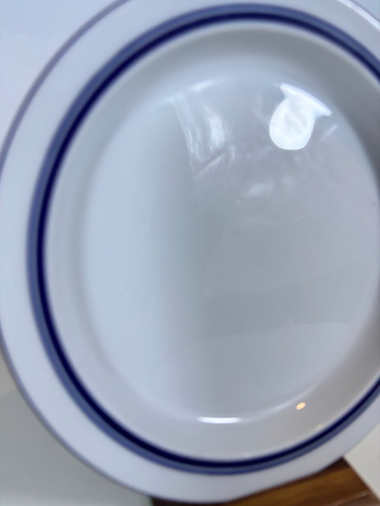 A close-up view of a white ceramic plate with two dark blue concentric rings near the rim, showing a glossy reflective surface.