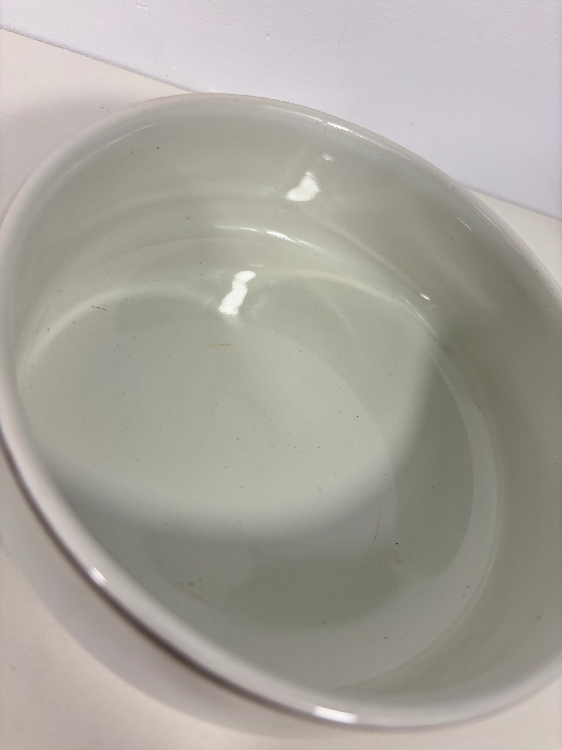 A white ceramic oval bowl with a glossy finish, photographed from a top-down angle on a white surface.