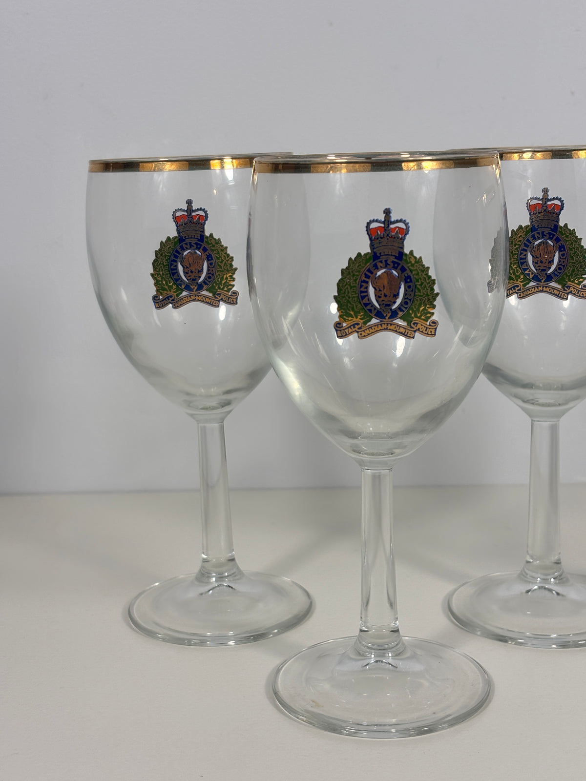 Vintage Gold Rim RCMP Wine Glass Set