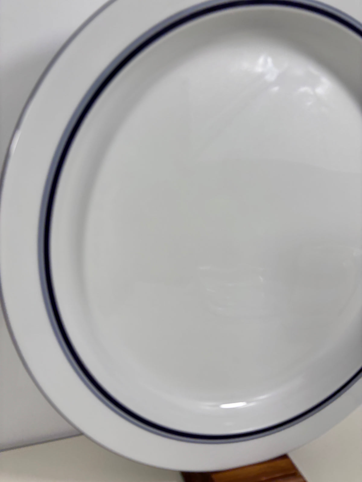 A close-up of a white ceramic plate with two dark blue stripes along the rim, resting on a white surface.