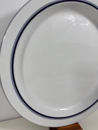 A close-up of a white ceramic plate with two dark blue stripes along the rim, resting on a white surface.