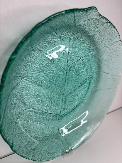 Arcoroc Green Pressed Glass Floral Salad Bowl shaped like a leaf