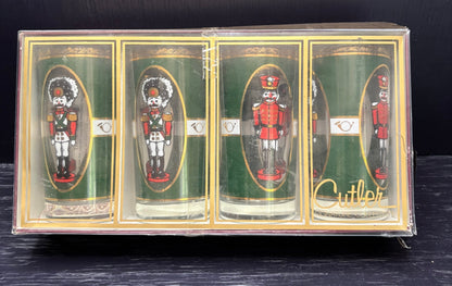 Set of four Cutler glass tumblers with nutcracker design in packaging
