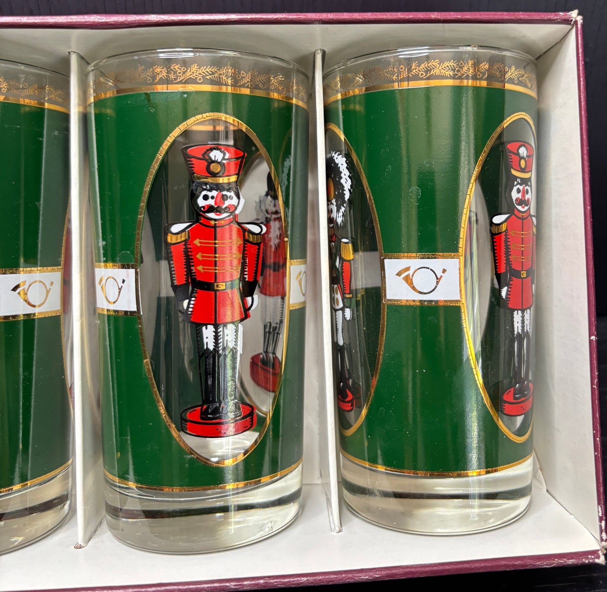 Set of three glass tumblers with nutcracker design in a box