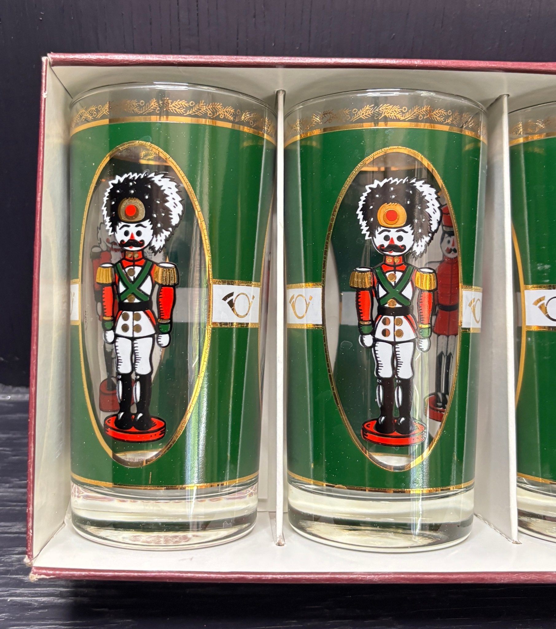 Set of three glass tumblers with nutcracker design in a box