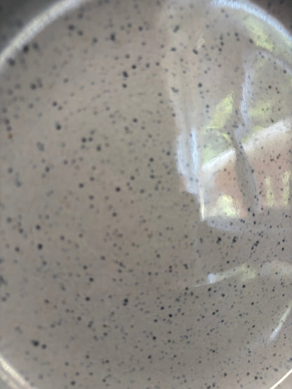 Speckled gray ceramic plate with a transparent plastic wrap on top